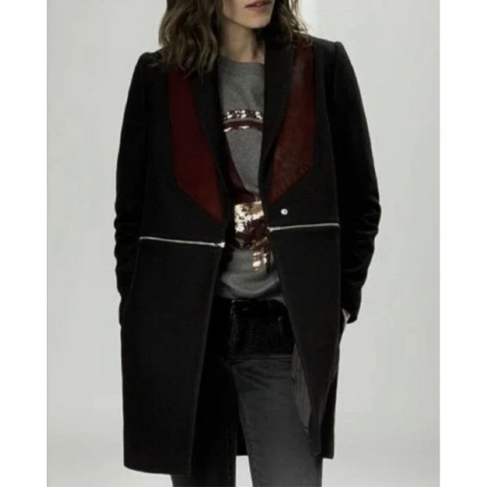 Maje Galbe Wool Coat Calf Hair Lapel Cashmere Blend Jacket BLUE